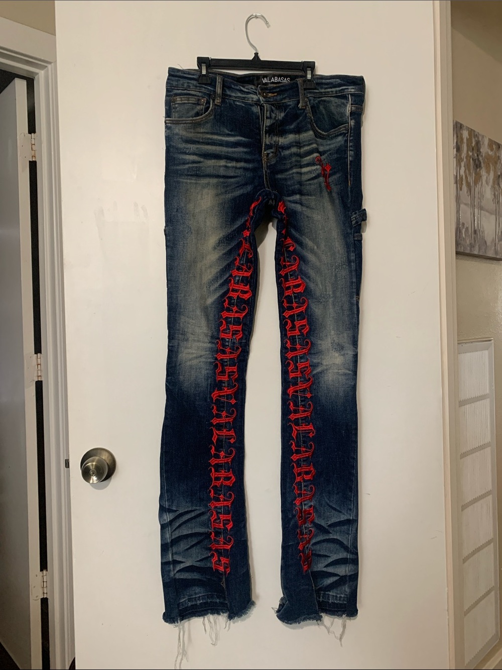 Dark Wash Skinny Jeans with Red Embroidered Trim